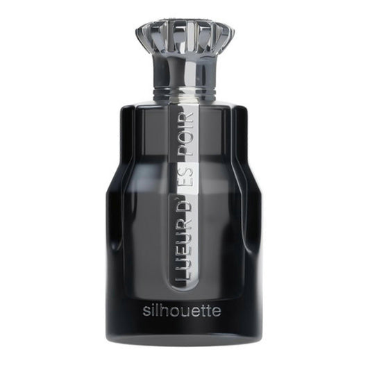 A dark charcoal gray glass perfume bottle with a faceted silver cap, featuring the vertical text 'LUEUR D'ES POIR' and the brand name 'silhouette' printed in silver at the bottom.