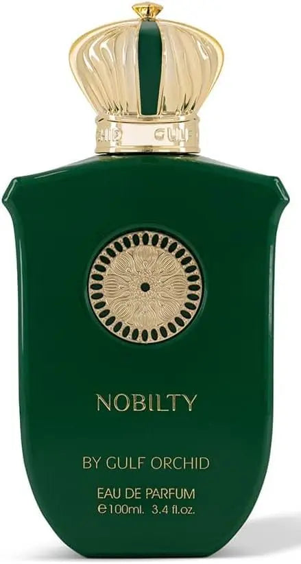 Green perfume bottle with gold cap and decorative label on a white background