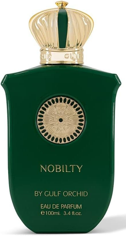 Green perfume bottle with gold cap and decorative label on a white background