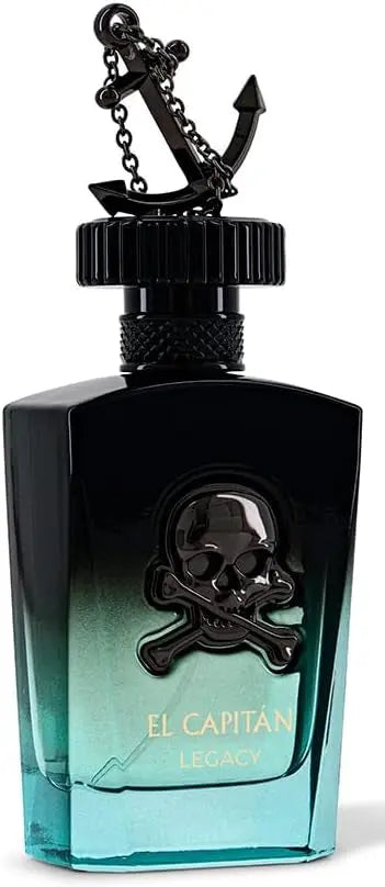 Perfume bottle with skull design and anchor on a white background