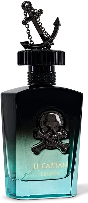 Perfume bottle with skull design and anchor on a white background