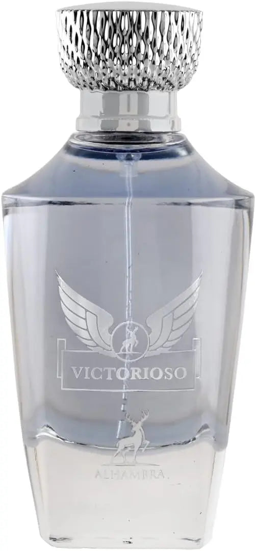 Clear glass perfume bottle with silver cap and engraved design on a white background