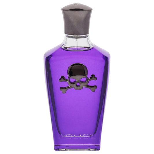 Purple perfume bottle with skull design on a white background