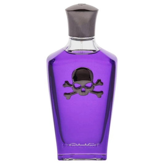 Purple perfume bottle with skull design on a white background