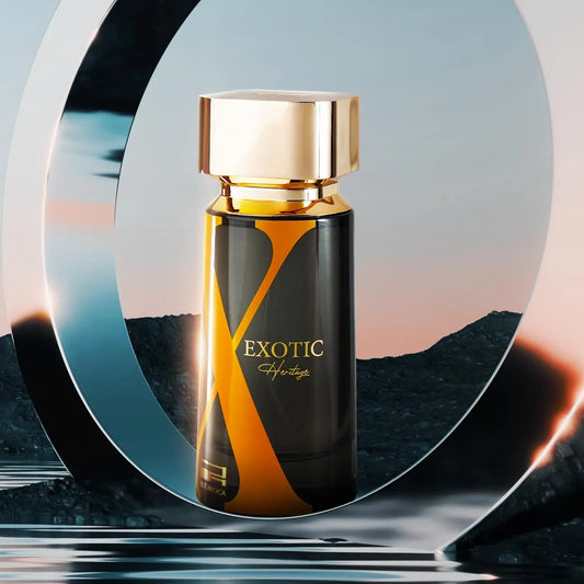 Exotic Heritage perfume bottle with a scenic background