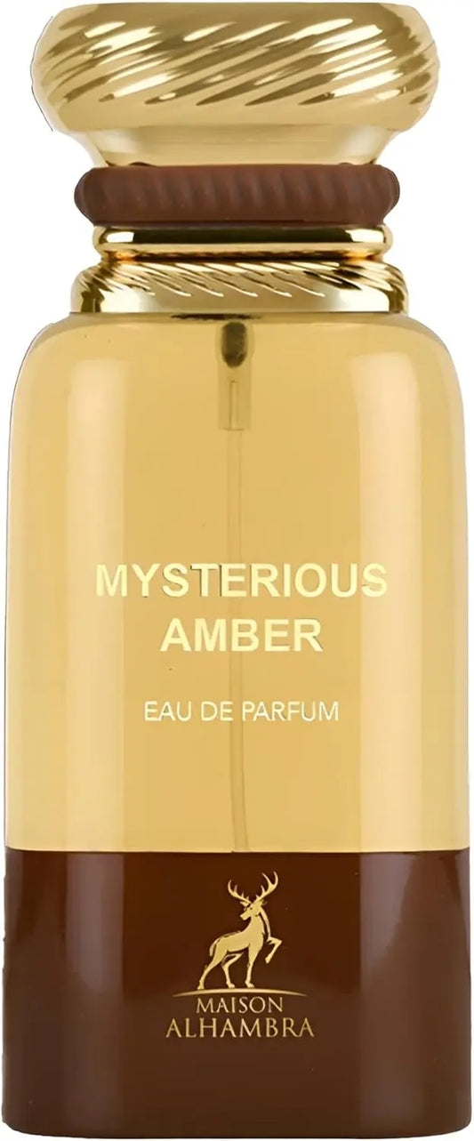 Mysterious Amber perfume bottle by Maison Alhambra with gold and brown design.