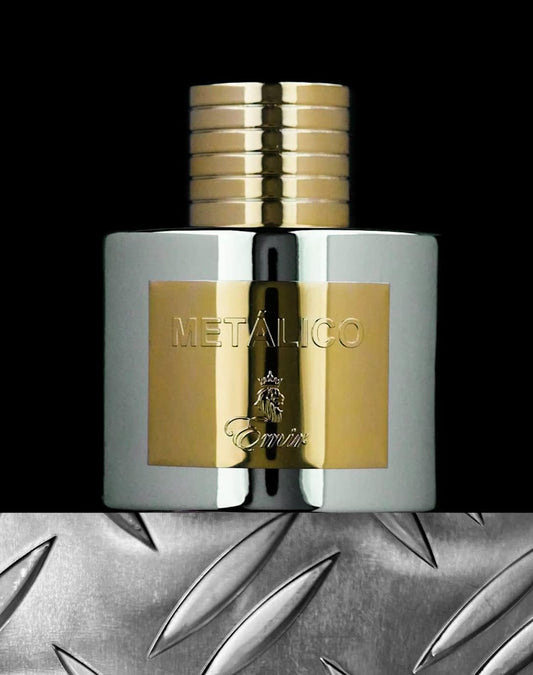Emir Metalico Perfume bottle with gold and silver design on a metallic background