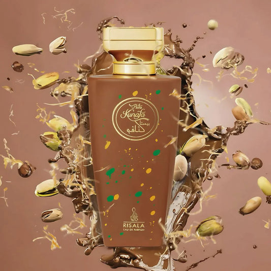 Perfume bottle with pistachios on a brown background