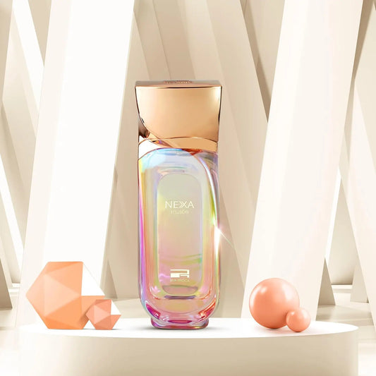 Rue Broca Nexa Musee perfume bottle with a colorful design on a neutral background