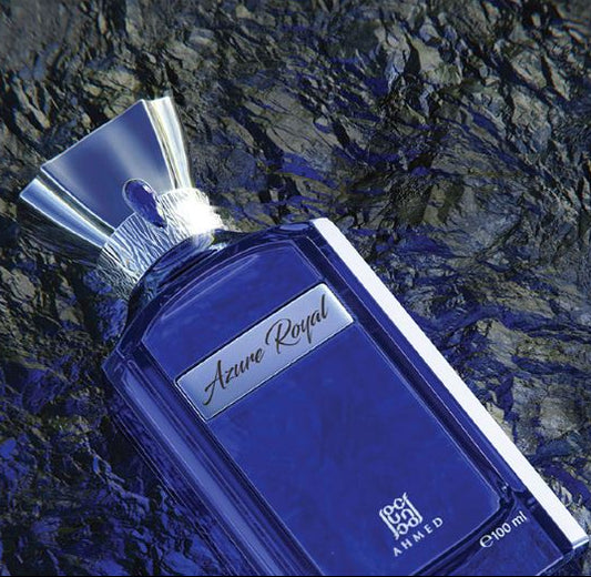 Ahmed Al Maghribi Azure Royal Blue perfume bottle labeled 'Azure Royal' on a textured dark background