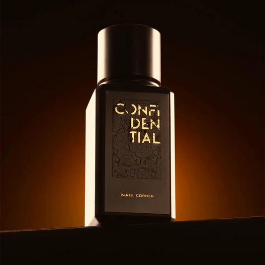 Paris Corner Confidential Perfume bottle labeled 'Confidential' by Paris Cornes on a dark background