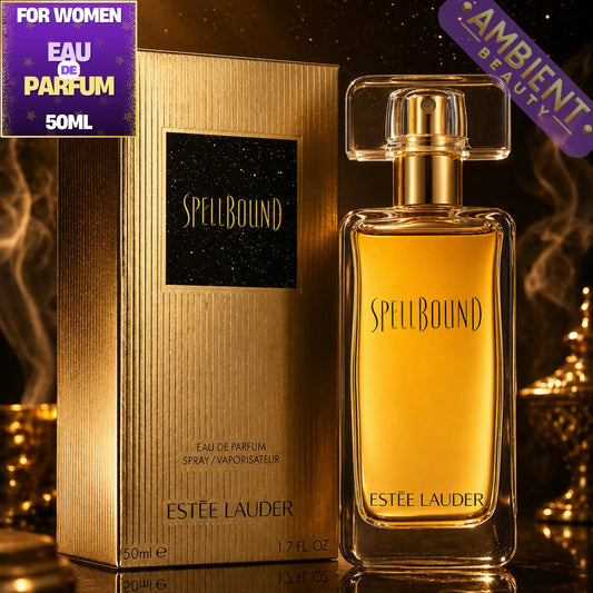 Estée Lauder Spellbound perfume bottle and packaging on a dark background