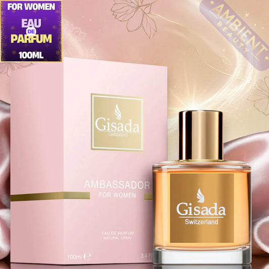 Gisada perfume bottle and packaging on a decorative background