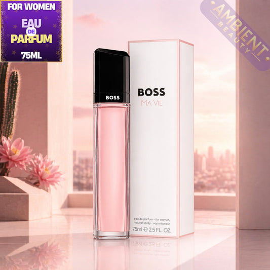 BOSS Ma Vie eau de parfum bottle and packaging on a blurred background with flowers and cactus.