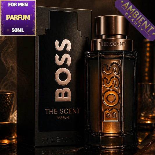 BOSS The Scent perfume bottle and packaging on a dark background