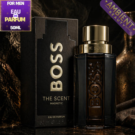 BOSS The Scent perfume bottle and packaging on a dark background