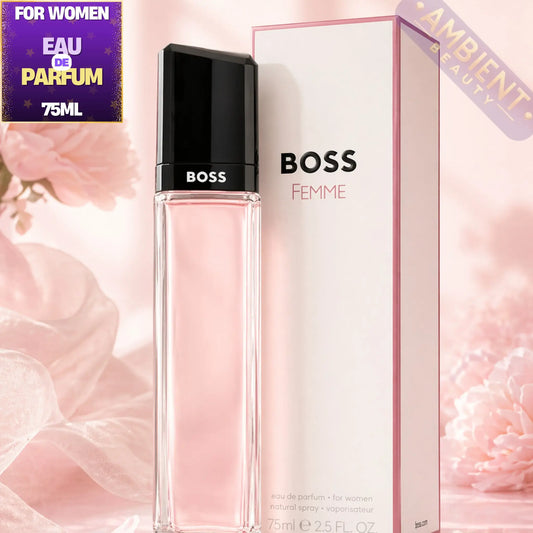 BOSS Femme perfume bottle and packaging on a floral background