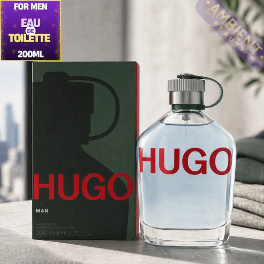 Hugo Boss men's perfume bottle and packaging on a neutral background