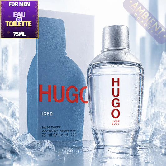 Hugo Boss Hugo Iced Eau de Toilette bottle and packaging with ice cubes.