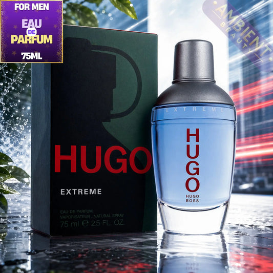 Hugo Boss Extreme perfume bottle and packaging with a cityscape background