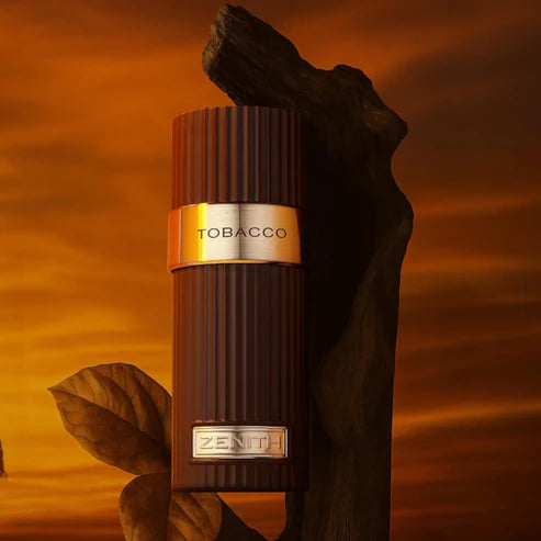 Tobacco-flavored vape pen with 'Zenith Tobacco' branding against a warm, orange background.