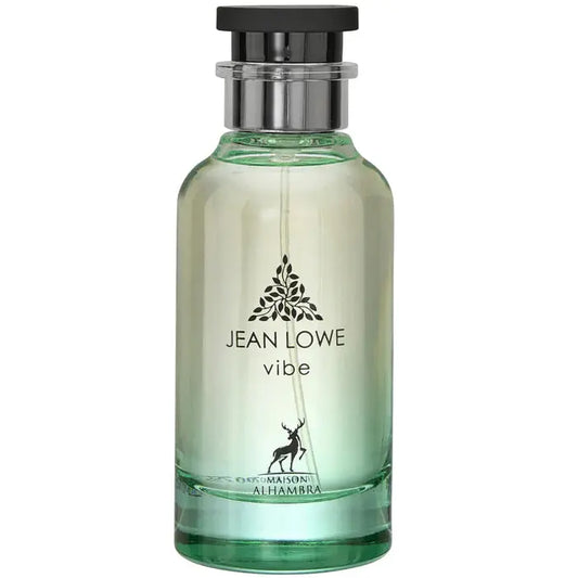 Green perfume bottle with black cap labeled 'Jean Lowe Vibe' on a white background