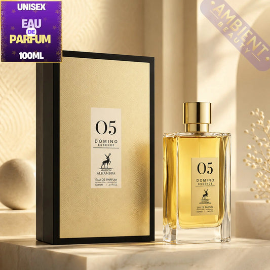 Eau de Parfum bottle and packaging with '05 Domino Essence' label on a neutral background.