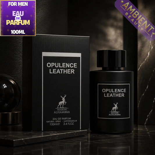 Opulence Leather perfume bottle and packaging on a dark surface with 'Ambient Beauty' branding.