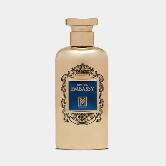 Gold perfume bottle labeled 'Golden Embassy' on a light gray background