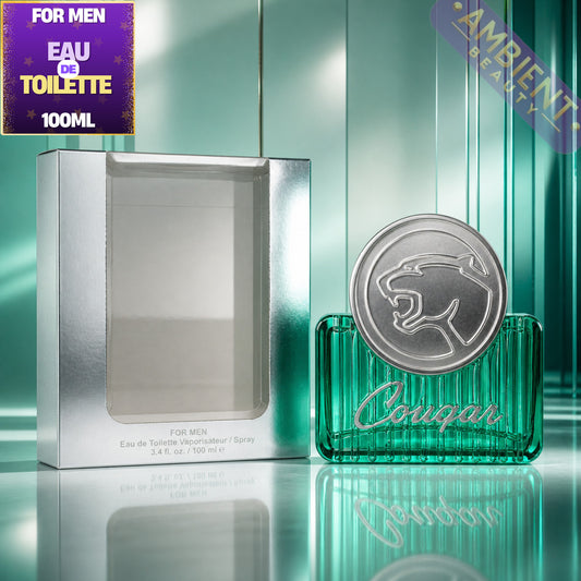 Cougar perfume bottle and packaging on a reflective surface with 'Ambient Beauty' branding.