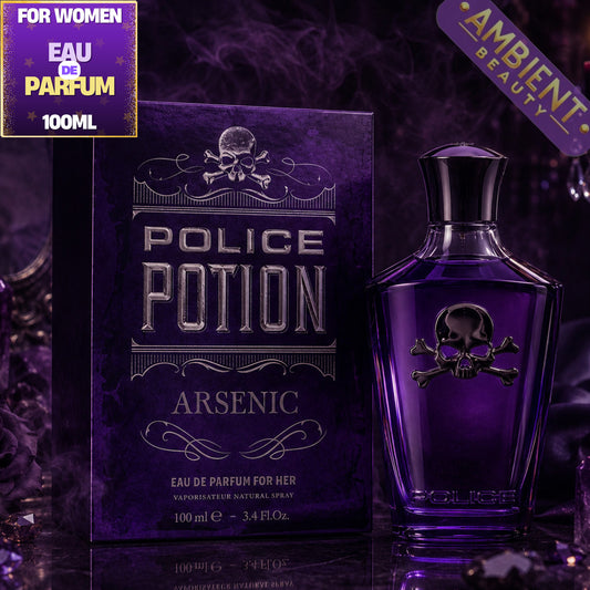 Purple Police Potion Arsenic perfume bottle and packaging with skull design on a dark background.