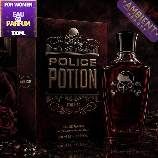 Police Potion for Her eau de parfum bottle and packaging on a dark background