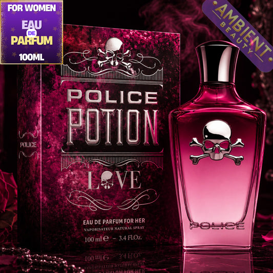 Police Potion Love perfume bottle and packaging on a dark background