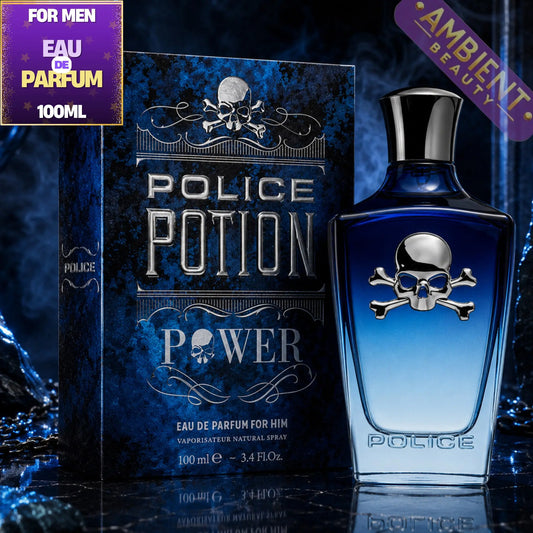 Blue Police Potion Power perfume bottle and packaging on a dark background