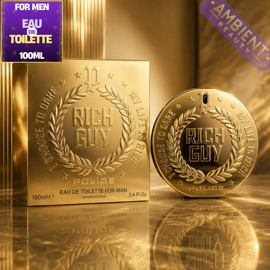 Gold 'Rich Guy' Police perfume bottle and packaging on a reflective surface with 'Ambient Beauty' branding.