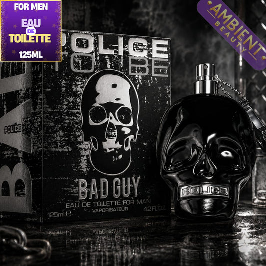 Police Bad Guy perfume bottle and packaging with skull design on a dark background