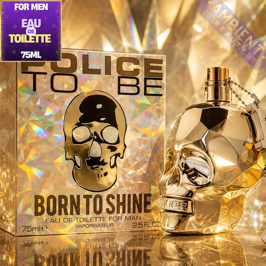 Gold skull-themed perfume bottle and packaging with 'Police To Be' branding on a reflective gold background.