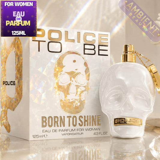 Police To Be Born to Shine perfume bottle and packaging on a reflective surface