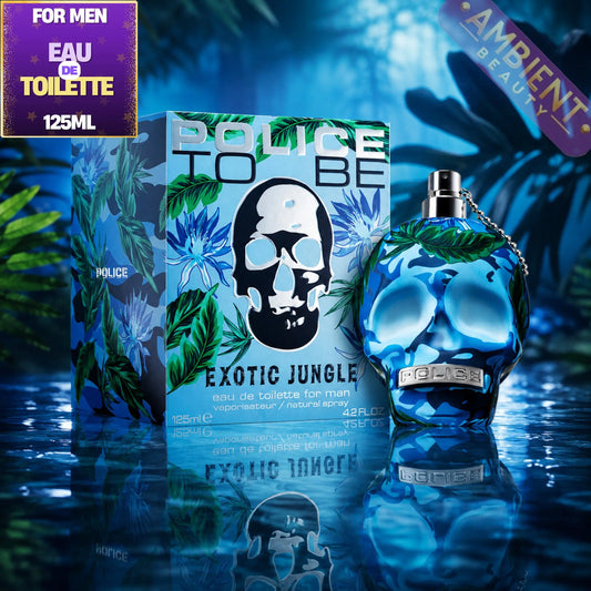 Blue Police to Be Exotic Jungle perfume bottle and packaging with jungle leaves in the background