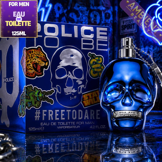 Blue Police perfume bottle with skull design on a reflective surface, surrounded by colorful packaging elements.