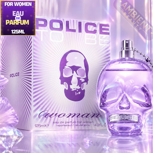 Police perfume bottle and packaging with skull design on a purple and white background