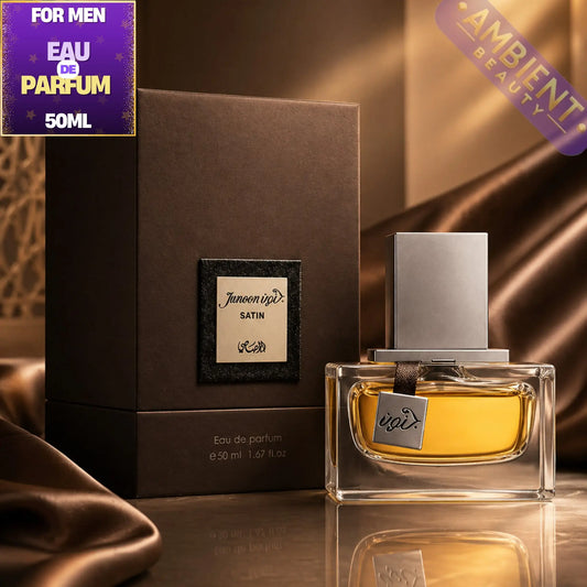 Rasasi Junoon Satin Eau de Parfum bottle with packaging on a reflective surface, with 'Ambient Beauty' branding.
