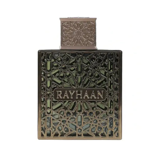 Perfume bottle with intricate design and 'RAYHAAN' branding on a white background