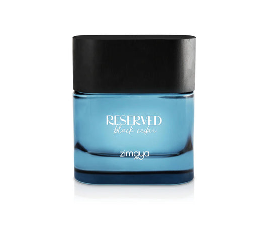 Blue glass bottle with black cap labeled 'Reserved' by zimaya on a white background