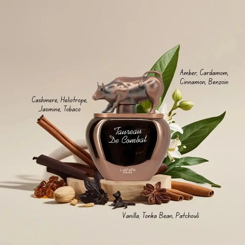 Lattafa Taureau De Combat Perfume bottle with decorative elements on a beige background