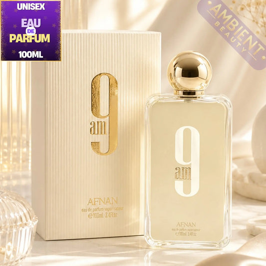 Afnan 9am perfume bottle and packaging on a soft background