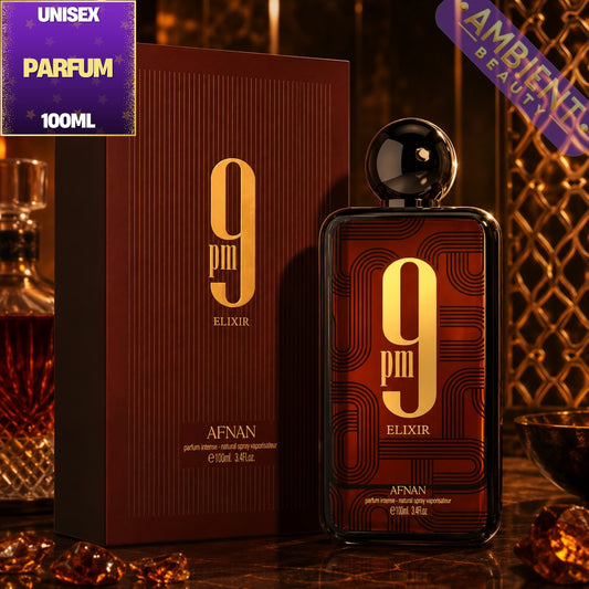 Afnan 9PM Elixir perfume bottle and packaging on a dark background