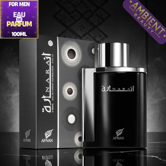 Black perfume bottle and packaging with 'Afnan' branding on a dark background