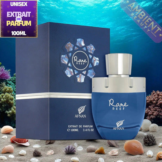 Afnan Rare Reef perfume bottle and packaging with an underwater-themed background
