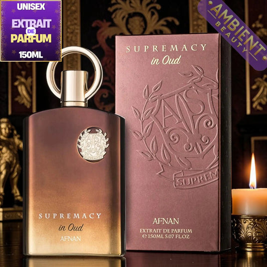 Supremacy in Oud perfume bottle and packaging with 'Ambient Beauty' branding.